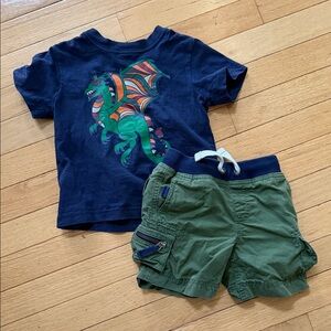 Hanna Andersson dragon shirt and matching green cargo shorts 2t